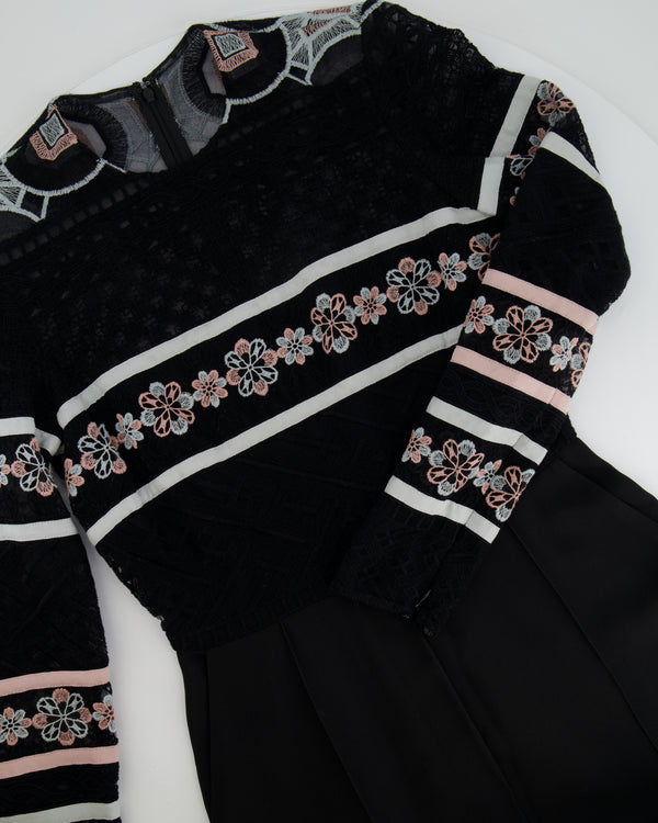 Elie Saab Black Long-Sleeve Jumpsuit with Crochet Floral Details Size FR 38 (UK 10)