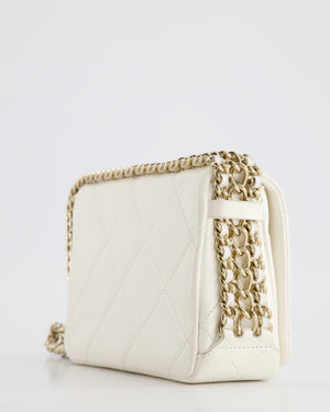 Chanel White Square Seasonal Single Flap Bag in Shiny Calfskin Leather with Champagne Gold Chain Hardware Detail