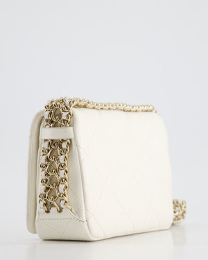 Chanel White Square Seasonal Single Flap Bag in Shiny Calfskin Leather with Champagne Gold Chain Hardware Detail