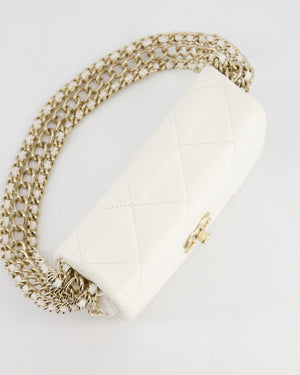 Chanel White Square Seasonal Single Flap Bag in Shiny Calfskin Leather with Champagne Gold Chain Hardware Detail