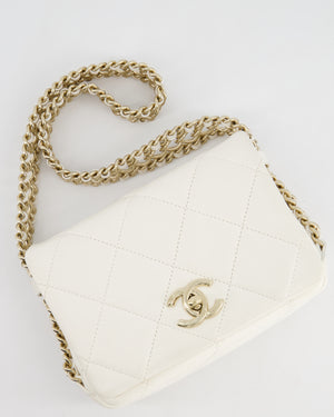 Chanel White Square Seasonal Single Flap Bag in Shiny Calfskin Leather with Champagne Gold Chain Hardware Detail