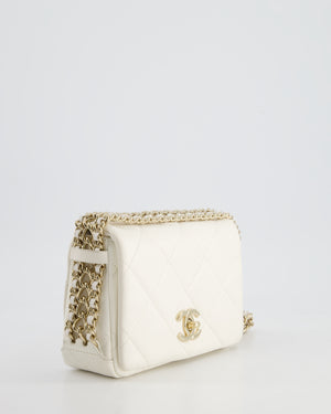 Chanel White Square Seasonal Single Flap Bag in Shiny Calfskin Leather with Champagne Gold Chain Hardware Detail