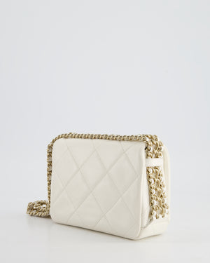 Chanel White Square Seasonal Single Flap Bag in Shiny Calfskin Leather with Champagne Gold Chain Hardware Detail