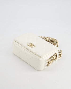 Chanel White Square Seasonal Single Flap Bag in Shiny Calfskin Leather with Champagne Gold Chain Hardware Detail