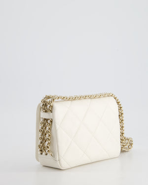 Chanel White Square Seasonal Single Flap Bag in Shiny Calfskin Leather with Champagne Gold Chain Hardware Detail