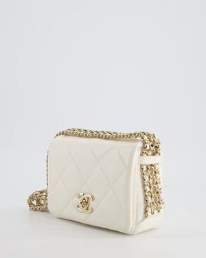 Chanel White Square Seasonal Single Flap Bag in Shiny Calfskin Leather with Champagne Gold Chain Hardware Detail