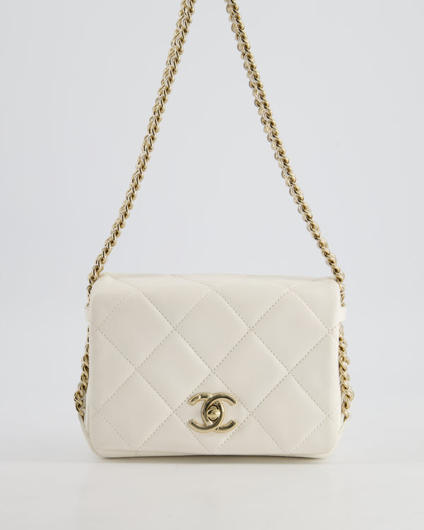 Chanel White Square Seasonal Single Flap Bag in Shiny Calfskin Leather with Champagne Gold Chain Hardware Detail