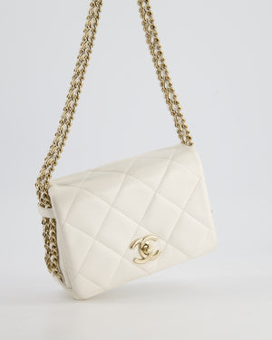 Chanel White Square Seasonal Single Flap Bag in Shiny Calfskin Leather with Champagne Gold Chain Hardware Detail