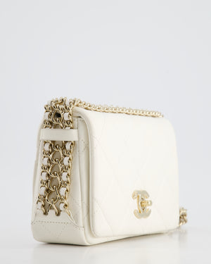 Chanel White Square Seasonal Single Flap Bag in Shiny Calfskin Leather with Champagne Gold Chain Hardware Detail