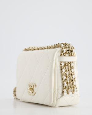 Chanel White Square Seasonal Single Flap Bag in Shiny Calfskin Leather with Champagne Gold Chain Hardware Detail