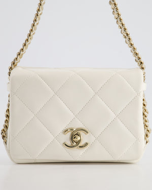 Chanel White Square Seasonal Single Flap Bag in Shiny Calfskin Leather with Champagne Gold Chain Hardware Detail