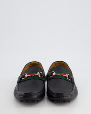 Gucci Men's Black Driver Horsbit Loafers with Iconic Stripe Pattern Ribbon in Grained Calf Leather Size EU 40