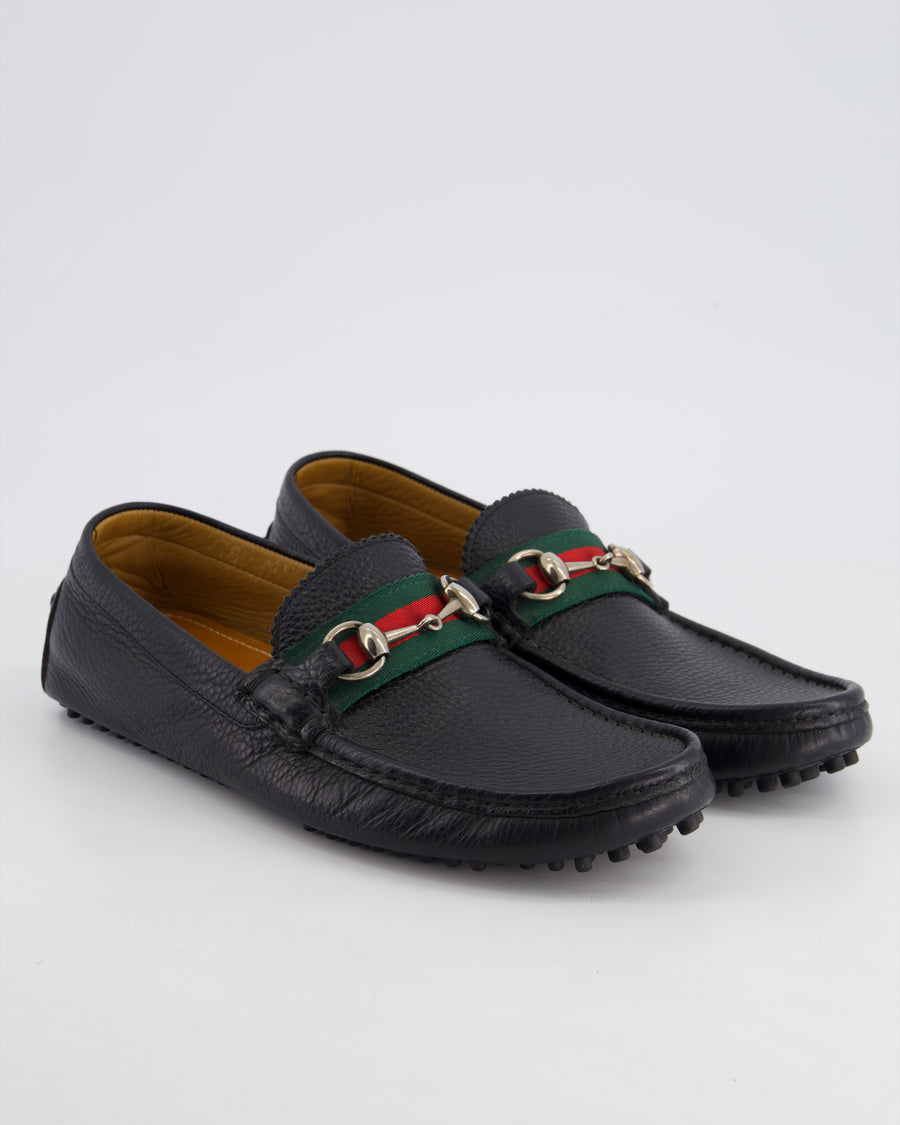 Gucci Men's Black Driver Horsbit Loafers with Iconic Stripe Pattern Ribbon in Grained Calf Leather Size EU 40