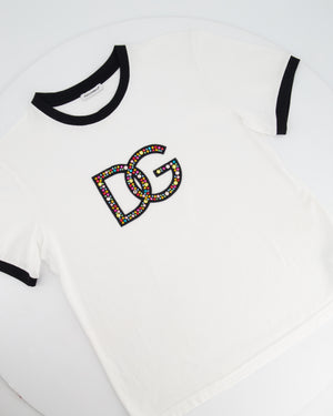 Dolce & Gabbana White Multi-Coloured Crystal DG Logo T-Shirt Size XS (UK 4-6)