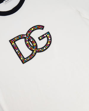 Dolce & Gabbana White Multi-Coloured Crystal DG Logo T-Shirt Size XS (UK 4-6)