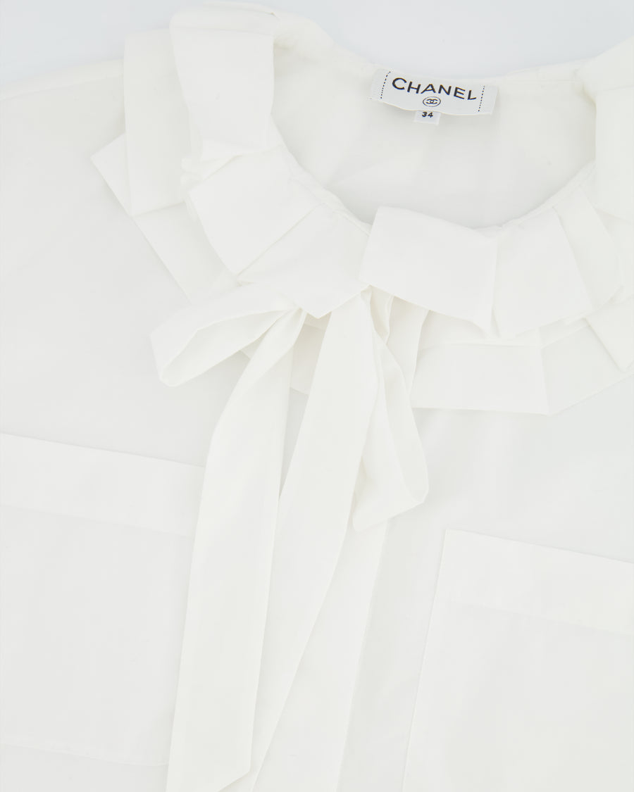 Chanel White Ruffle Shirt with Tie-Neck and Red, Blue CC Logo Button Details Size FR 34 (UK 6)