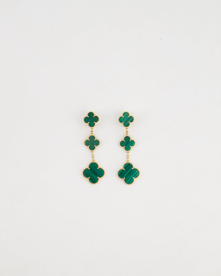 Van Cleef Arpels Alhambra 3 Motif Earrings in 18K Gold and Malachite RRP £9,450