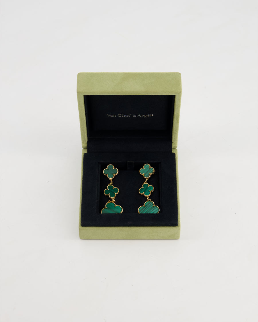 Van Cleef Arpels Alhambra 3 Motif Earrings in 18K Gold and Malachite RRP £9,450