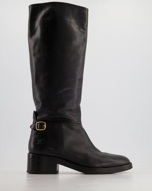 Celine Black Leather Knee High Boots with Embossed Logo and Gold Buckle Size EU 39.5