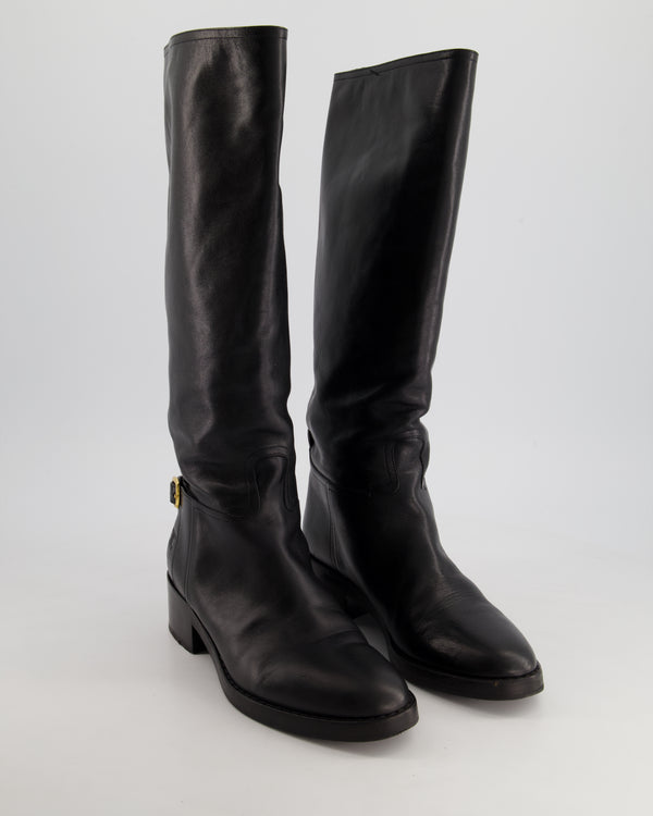 Celine Black Leather Knee High Boots with Embossed Logo and Gold Buckle Size EU 39.5