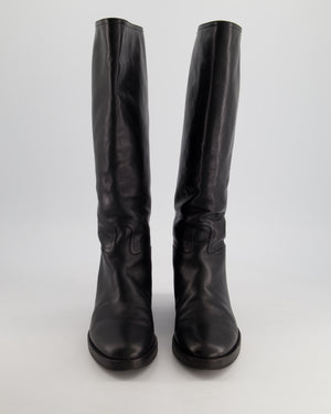 Celine Black Leather Knee High Boots with Embossed Logo and Gold Buckle Size EU 39.5