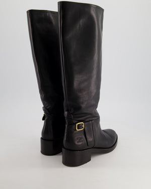 Celine Black Leather Knee High Boots with Embossed Logo and Gold Buckle Size EU 39.5