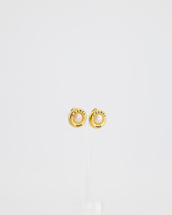 Chanel 95A Vintage Gold Clip-On Earrings with Pearls and Logo Details