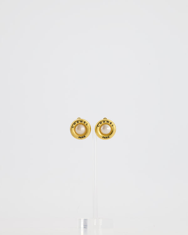 Chanel 95A Vintage Gold Clip-On Earrings with Pearls and Logo Details