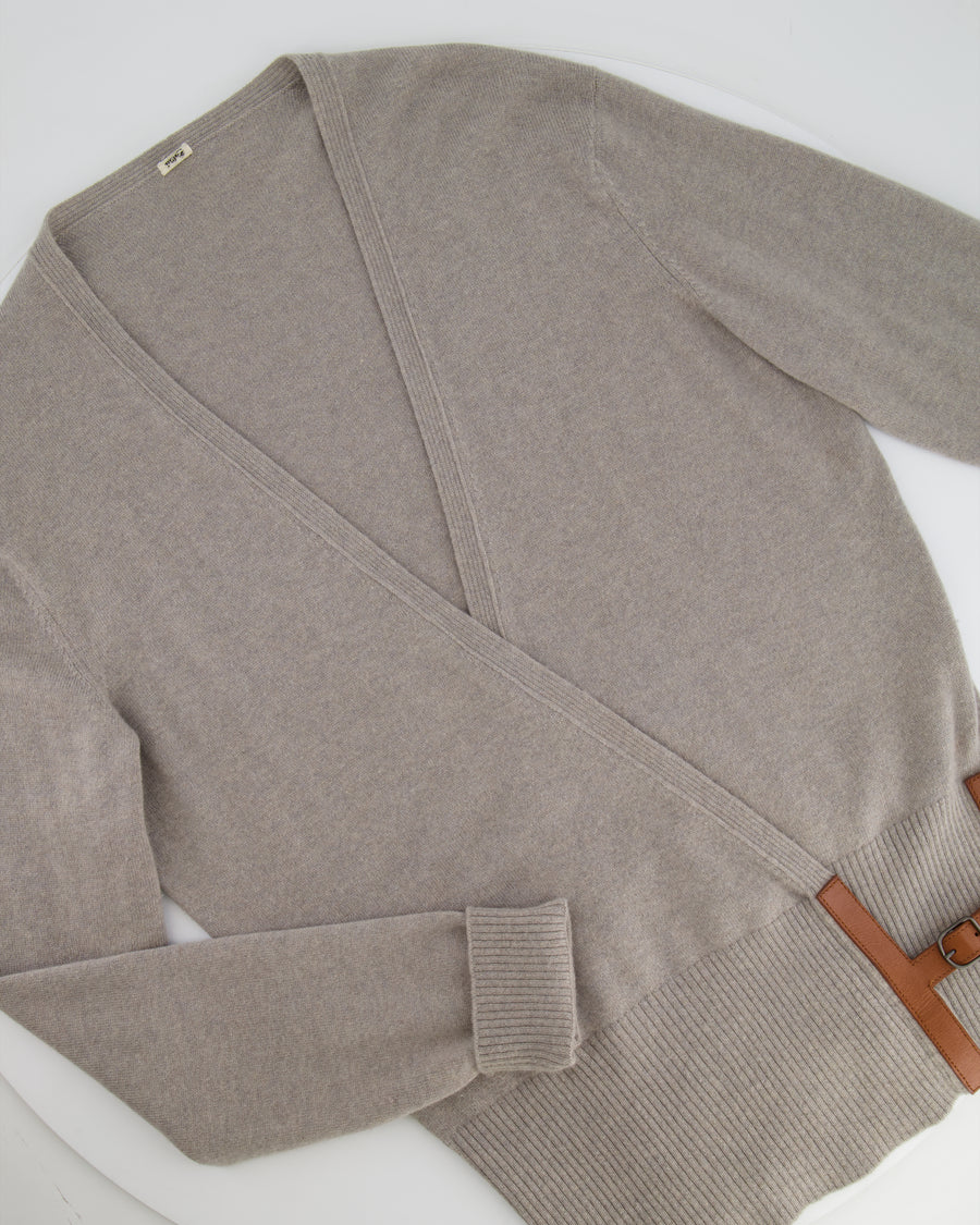 Hermès Grey Cashmere Sleeveless Top and Cardigan Set with Brown H Leather Belt Detail Size FR 40 (UK 12)