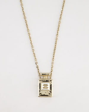 Chanel Champagne Gold Perfume Bottle Pendant Necklace with Pearl CC Logo