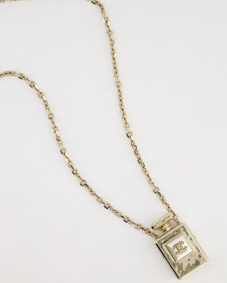 Chanel Champagne Gold Perfume Bottle Pendant Necklace with Pearl CC Logo