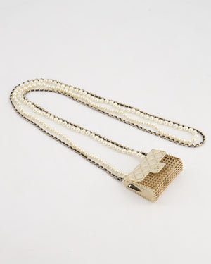 *RARE* Chanel 21S Champagne Gold Bag Charm Necklace with White Pearls & Black Leather Chain Detail