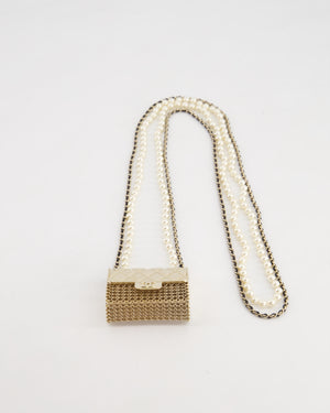 *RARE* Chanel 21S Champagne Gold Bag Charm Necklace with White Pearls & Black Leather Chain Detail