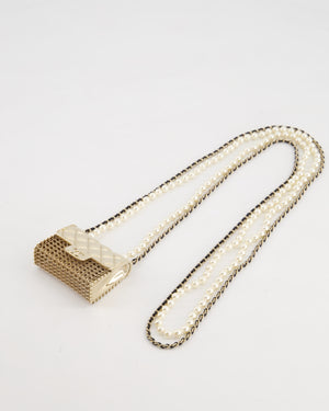 *RARE* Chanel 21S Champagne Gold Bag Charm Necklace with White Pearls & Black Leather Chain Detail