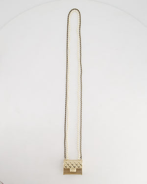 *RARE* Chanel 21S Champagne Gold Bag Charm Necklace with White Pearls & Black Leather Chain Detail