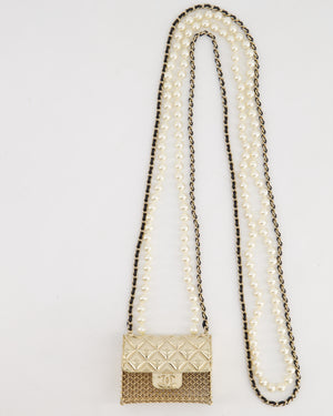 *RARE* Chanel 21S Champagne Gold Bag Charm Necklace with White Pearls & Black Leather Chain Detail