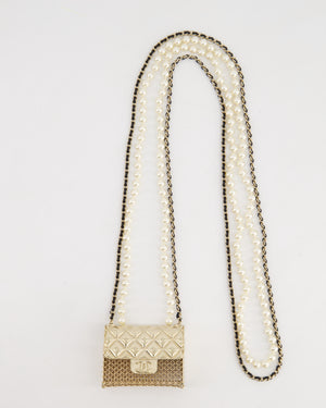 *RARE* Chanel 21S Champagne Gold Bag Charm Necklace with White Pearls & Black Leather Chain Detail