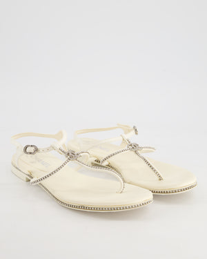 Chanel White Leather Flat Sandals with Crystal Trim and CC Logo Size EU 40