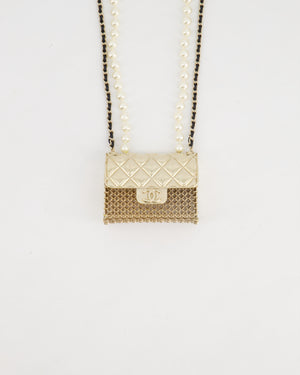 *RARE* Chanel 21S Champagne Gold Bag Charm Necklace with White Pearls & Black Leather Chain Detail