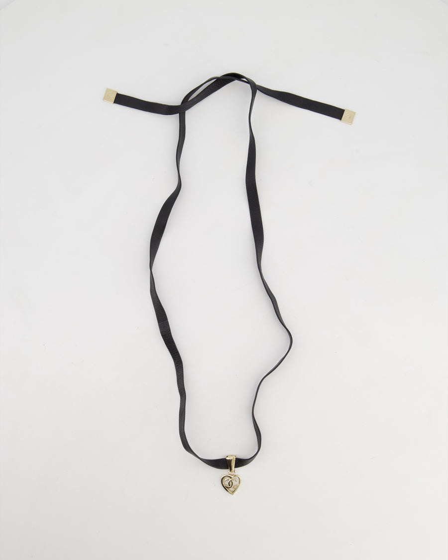 Chanel Black Leather Necklace with Champagne Gold CC Heart Pendant