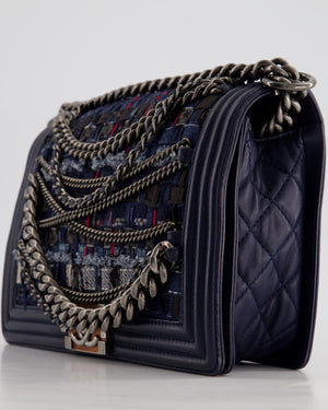 Chanel Navy Blue New Medium Boy Bag in Lambskin Leather & Tweed with Ruthenium & Bronze Hardware and Chain Details