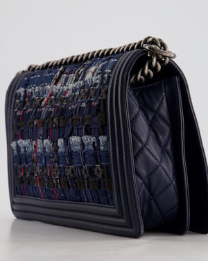 Chanel Navy Blue New Medium Boy Bag in Lambskin Leather & Tweed with Ruthenium & Bronze Hardware and Chain Details