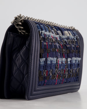 Chanel Navy Blue New Medium Boy Bag in Lambskin Leather & Tweed with Ruthenium & Bronze Hardware and Chain Details