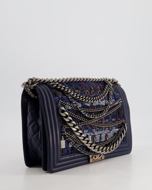 Chanel Navy Blue New Medium Boy Bag in Lambskin Leather & Tweed with Ruthenium & Bronze Hardware and Chain Details