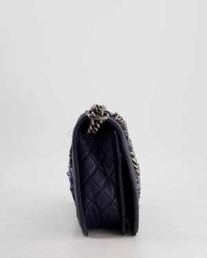 Chanel Navy Blue New Medium Boy Bag in Lambskin Leather & Tweed with Ruthenium & Bronze Hardware and Chain Details