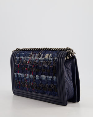 Chanel Navy Blue New Medium Boy Bag in Lambskin Leather & Tweed with Ruthenium & Bronze Hardware and Chain Details