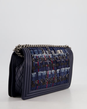 Chanel Navy Blue New Medium Boy Bag in Lambskin Leather & Tweed with Ruthenium & Bronze Hardware and Chain Details