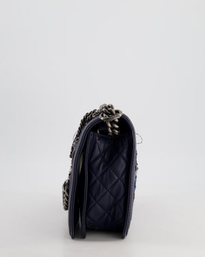 Chanel Navy Blue New Medium Boy Bag in Lambskin Leather & Tweed with Ruthenium & Bronze Hardware and Chain Details