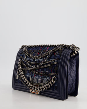 Chanel Navy Blue New Medium Boy Bag in Lambskin Leather & Tweed with Ruthenium & Bronze Hardware and Chain Details