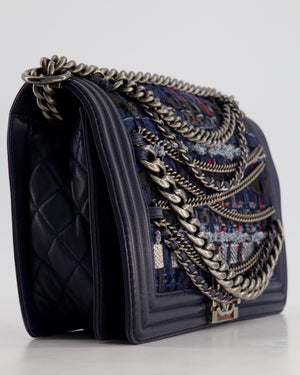 Chanel Navy Blue New Medium Boy Bag in Lambskin Leather & Tweed with Ruthenium & Bronze Hardware and Chain Details